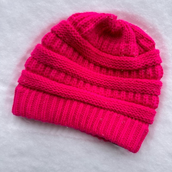 C.C Soft Stretch Cable Knit hot pink, neon pink hat, One Size - Picture 3 of 6